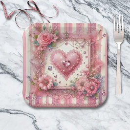 ビンテージ ヴィクトリアン バレンタイン フラワーハート ペーパープレート