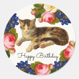 ビンテージ ヴィクトリアン 猫の昼寝 フローラル ハッピーバースデー ラウンドシール