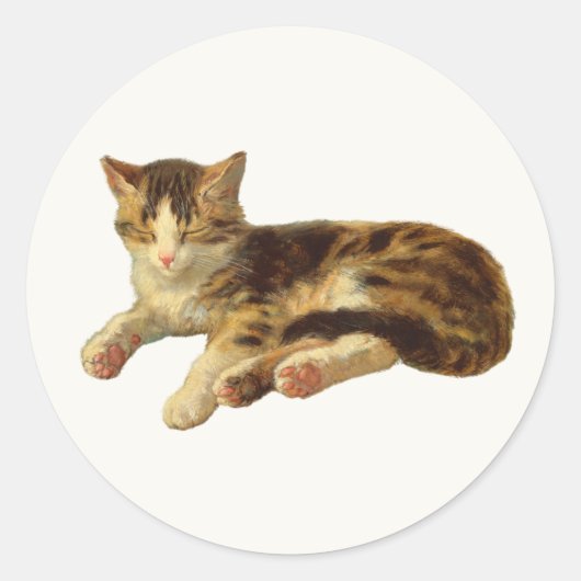 ビンテージ ヴィクトリアン 猫 眠り 絵画 ラウンドシール (正面)