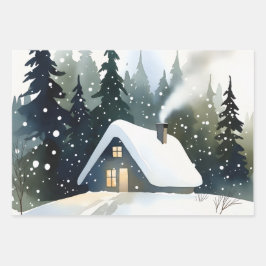 ビンテージ 冬のキャビン 水彩クリスマス ラッピングペーパーシート