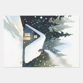 ビンテージ 冬のキャビン 水彩クリスマス ラッピングペーパーシート