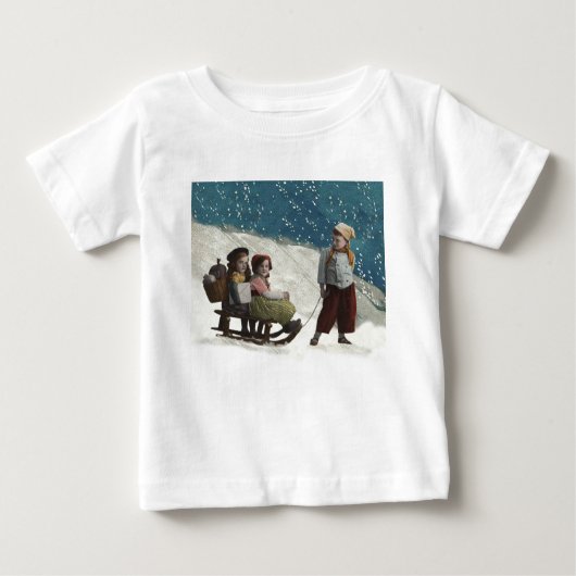 ビンテージ 子供 スレッジング クリスマス 冬 ベビーTシャツ (正面)