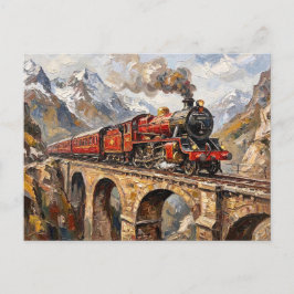 ビンテージ　機関車　山岳　高架橋　油絵 ポストカード