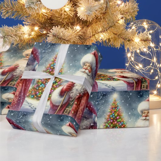 ビンテージ 水彩画のサンタクロース ラッピングペーパー (クリスマス)
