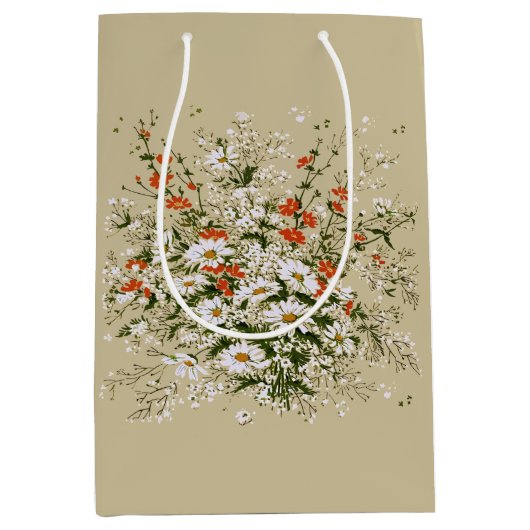 ビンテージ 水彩画 野の花 デイジー 花束 ベージュ ミディアムペーパーバッグ (正面)