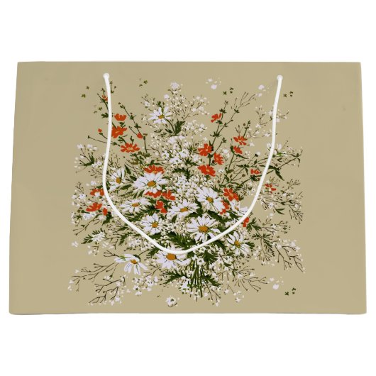 ビンテージ 水彩画 野の花 デイジー 花束 ベージュ ラージペーパーバッグ (正面)