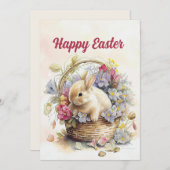 ビンテージ 白うさぎ バスケット 花 イースターおめでとう シーズンカード (正面/裏面)