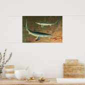 ビンテージ 青いサメが魚を食べる 海洋生物 ポスター (キッチン)