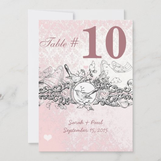 ビンテージ 鳥 ピンク ミュージカル スクロール ウェディング テーブル ナンバー 招待状 (正面)
