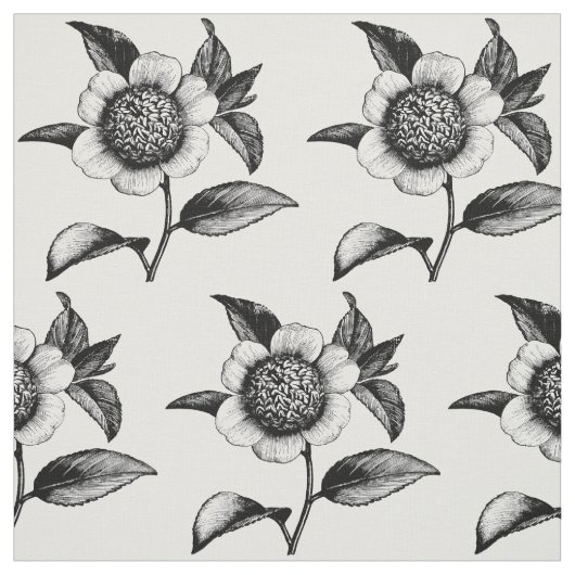 ビンテージ 黒と白の花のイラスト ファブリック (見本)