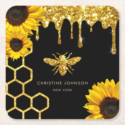 ビーのロゴとヒマワリ スクエアペーパーコースター (正面)