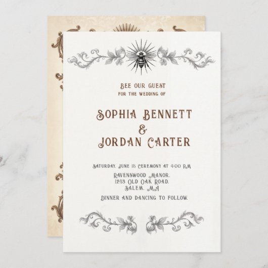 ビーをテーマにしたヴィンテージウェディング招待状サン&ホーン 招待状 (正面/裏面)