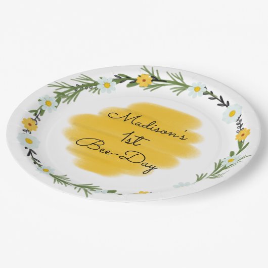 ビーをテーマにした1歳の誕生日パーティープレート|ビー·デイ ペーパープレート (アングル)