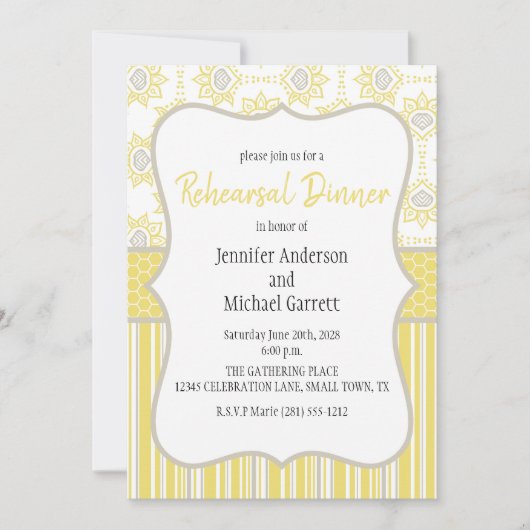 ビーイエローとグレーの幾何リハーサルディナー 招待状 (正面)