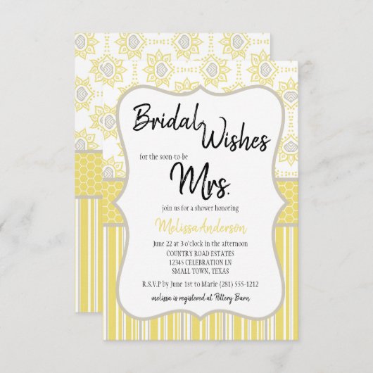 ビーイエローとグレーの幾何学的ブライダルシャワー (正面/裏面)