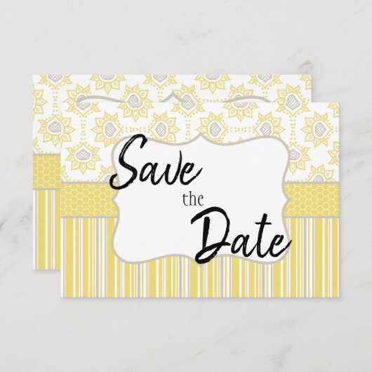 ビーイエローとグレーの幾何学的 セーブザデート (正面/裏面)