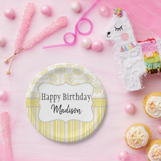 ビーイエローとグレーの幾何学的 ペーパープレート (パーティー)