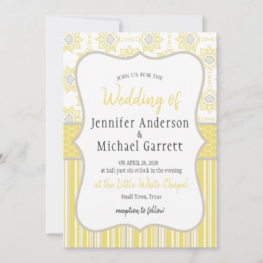 ビーイエローとグレーの幾何結婚図形 招待状 (正面)