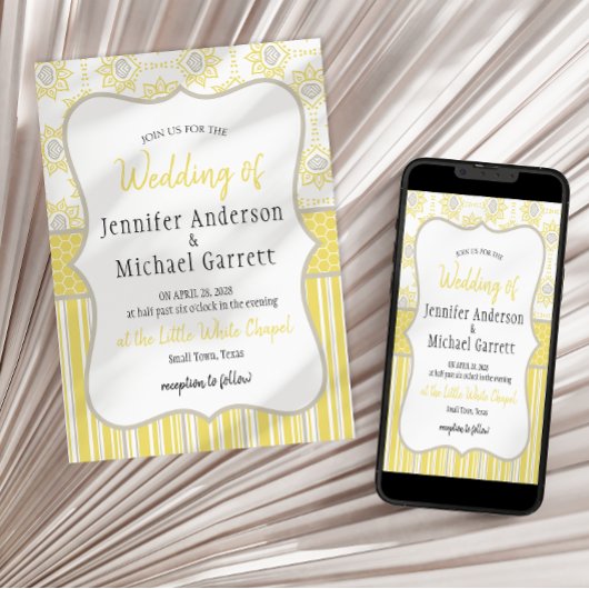 ビーイエローとグレーの幾何結婚図形 招待状