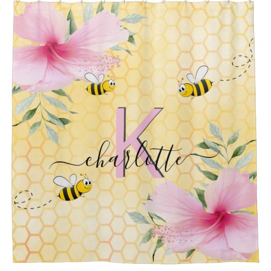 ビーイエローハニカムピンク花模様モノグラム シャワーカーテン (正面)