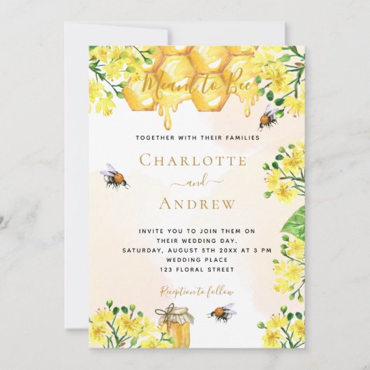 ビーイエロー花模様ハニカムサマー結婚ズ 招待状 (正面)