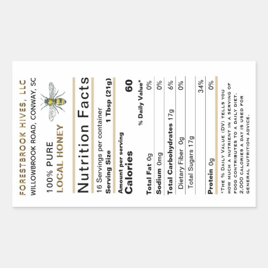 ビーカスタム金ゴールド付き大型ハチミツ栄養ラベル 長方形シール (正面)