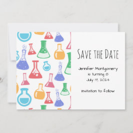 ビーカラフルカーとフラスコ科学パターン セーブザデート