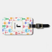 ビーカーとフラスコの楽しい科学パターン モノグラム ラゲッジタグ (正面横)