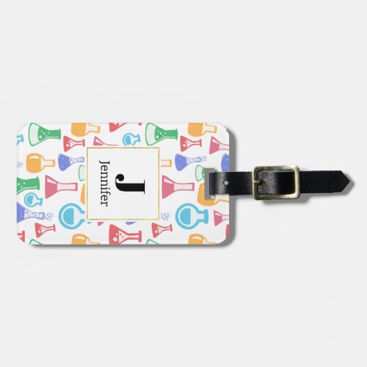 ビーカーとフラスコの楽しい科学パターン モノグラム ラゲッジタグ (正面横)