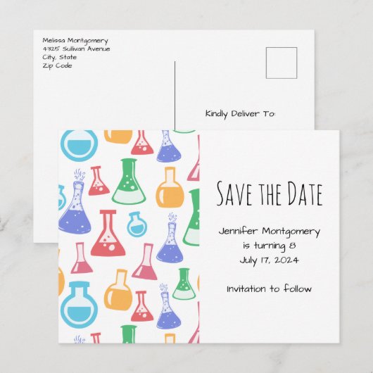 ビーカースとフラスコおもしろい科学パターン インビテーションポストカード (正面/裏面)