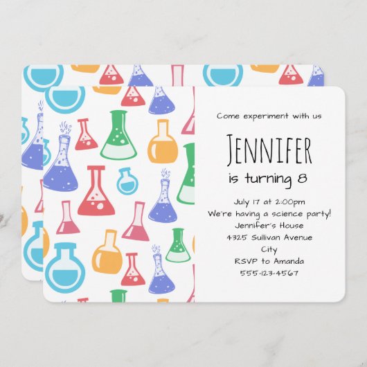 ビーカースとフラスコおもしろい科学パターン 招待状 (正面/裏面)