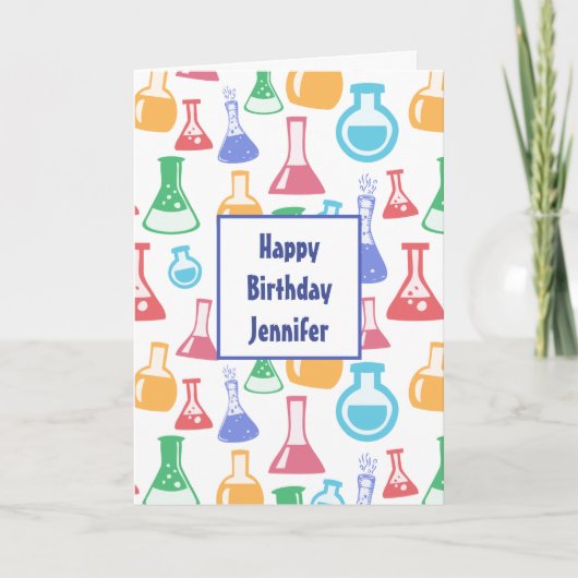 ビーカーズとフラスコおもしろい科学パターン誕生日 カード (正面)