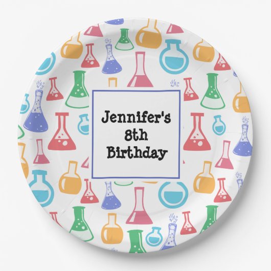 ビーカーズとフラスコおもしろい科学パターン誕生日 ペーパープレート (正面)