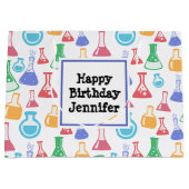 ビーカーズとフラスコおもしろい科学パターン誕生日 ラージペーパーバッグ (正面)