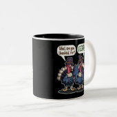 ビーガンに感謝おもしろい七面鳥 ツートーンマグカップ (正面右)