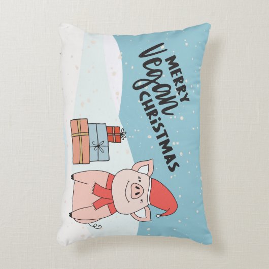 ビーガンのクリスマスと漫画の子豚とプレゼント アクセントクッション (正面(垂直))