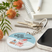 ビーガンのクリスマスと漫画の子豚とプレゼント キーホルダー (正面右)