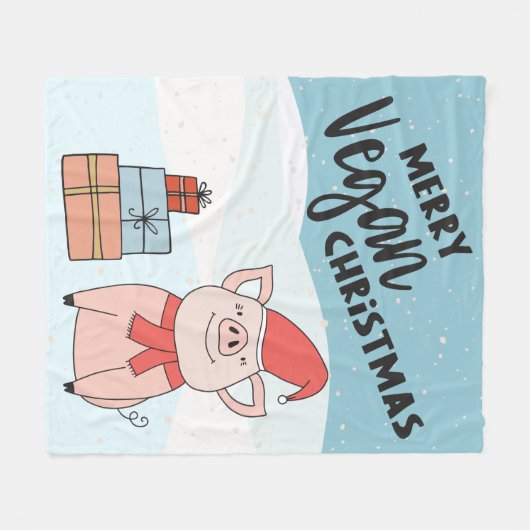 ビーガンのクリスマスと漫画の子豚とプレゼント フリースブランケット (正面(横))