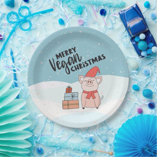 ビーガンのクリスマスと漫画の子豚とプレゼント ペーパープレート (パーティー)