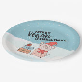 ビーガンのクリスマスと漫画の子豚とプレゼント ペーパープレート (アングル)