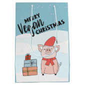 ビーガンのクリスマスと漫画の子豚とプレゼント ミディアムペーパーバッグ (裏面)