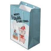 ビーガンのクリスマスと漫画の子豚とプレゼント ミディアムペーパーバッグ (裏面アングル)