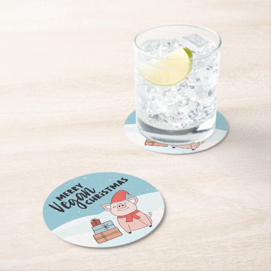 ビーガンのクリスマスと漫画の子豚とプレゼント ラウンドペーパーコースター (インサイチュ)