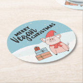 ビーガンのクリスマスと漫画の子豚とプレゼント ラウンドペーパーコースター (アングル)