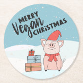 ビーガンのクリスマスと漫画の子豚とプレゼント ラウンドペーパーコースター (正面)