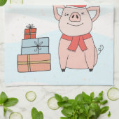 ビーガンのクリスマスと漫画の子豚と雪片 キッチンタオル (折り畳み)