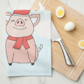 ビーガンのクリスマスと漫画の子豚と雪片 キッチンタオル (四つ折り)