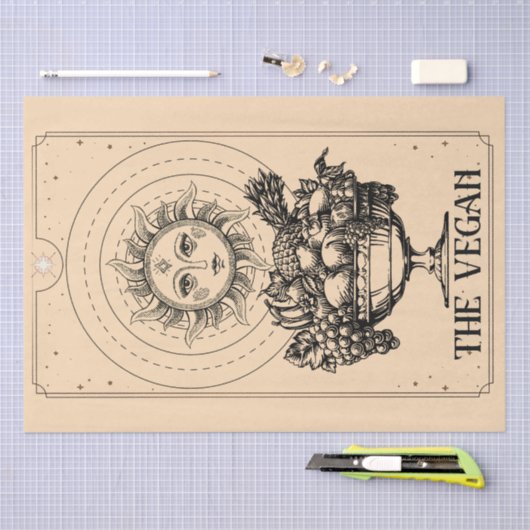 ビーガンは彫刻された太陽の豊富な果物を様式化した 薄葉紙 (クラフト)