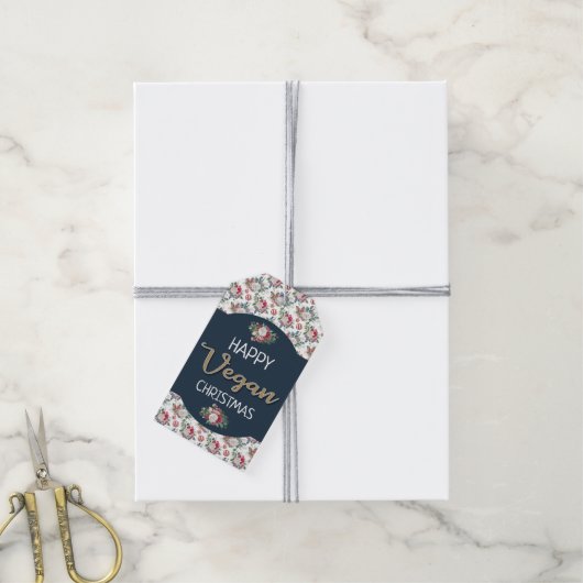 ビーガンクリスマスレトロブルーと金ゴールド冬のフローラ ギフトタグ (より糸付き)