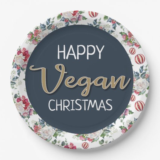 ビーガンクリスマスレトロブルーと金ゴールド冬のフローラ ペーパープレート (正面)
